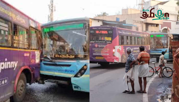 வேளச்சேரியில் இரு அரசுப் பேருந்துகள் நேருக்கு நேர் மோதி விபத்து 7 பேர் காயம்